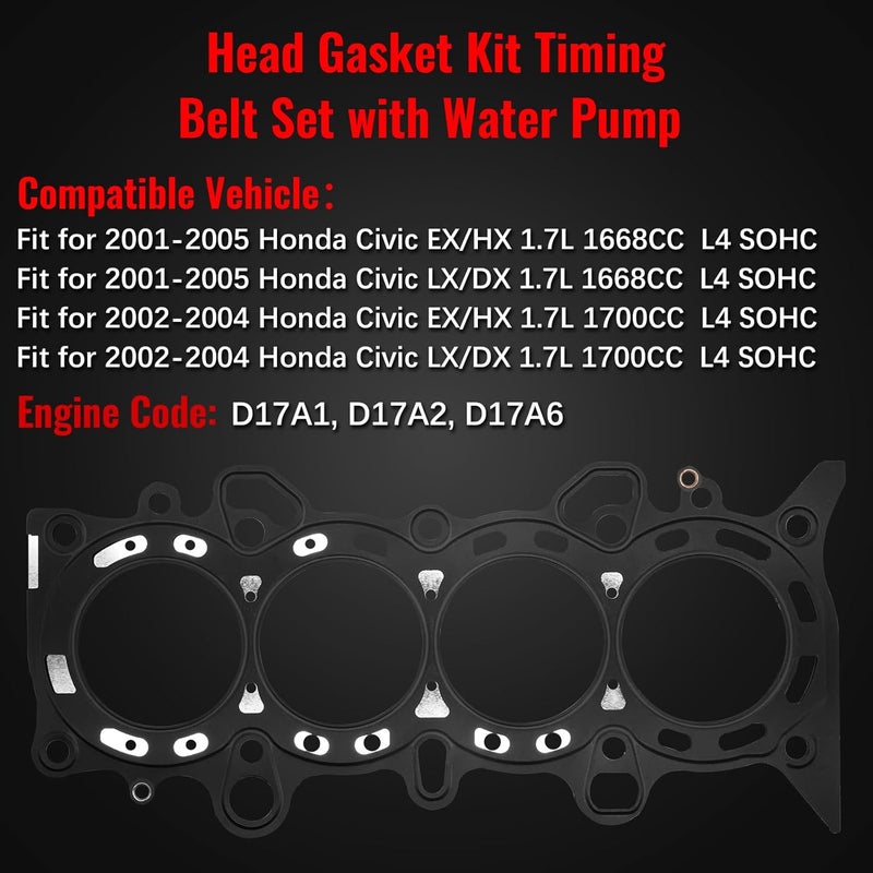 zuverlass HS26236PT Head Gasket Timing Belt Set with Water Pump Compatible with Honda Civic LX DX EX HX 1.7L D1A71 D17A2 D17A6 2001-2005, Replace HS26236PT-2, HS4034, TCK312 - Image 2
